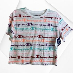 Champion Crop T-shirt Size XL-Y Rainbow Spellout Activewear‎ Exercise NWT